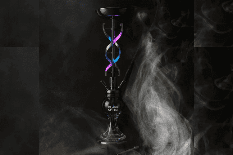 Modern black hookah with colorful illuminated smoke tubes against a dark background.